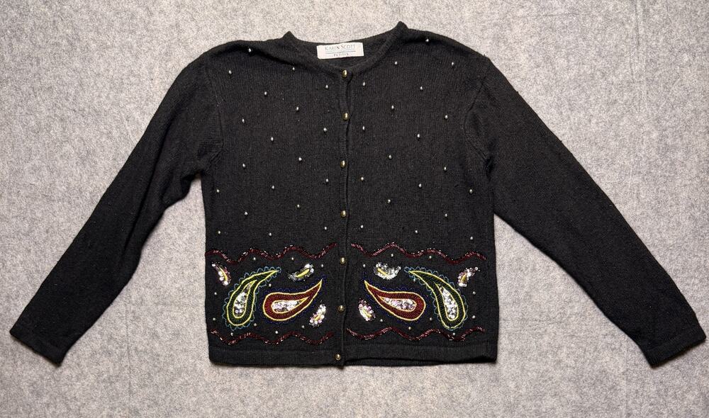 Karen Scott Evening Cardigan Sweater Large Angora Silk Lambswool Sequin Black